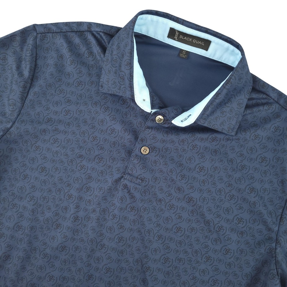 Black Quail Polo Shirt Mens Small Blue Monogram Golf Performance Stretch Top